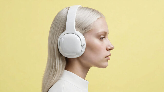 Jeune fille blonde &eacute;coutant de la musique avec un casque audio, vue de profil