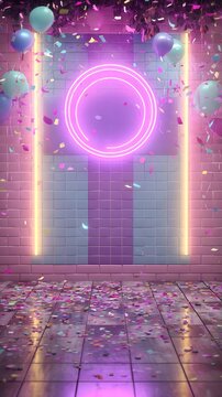 Vibrant Neon Party Room Backdrop with Confetti, Balloons, and Glowing Lights for Celebration