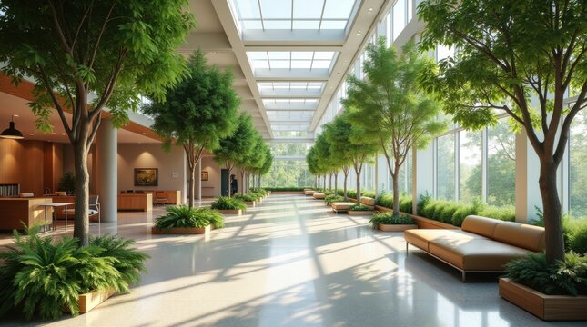 Un espacio de trabajo moderno y luminoso dise&ntilde;ado en torno a la salud y el bienestar de los empleados, con una arquitectura espaciosa de planta abierta y abundante vegetaci&oacute;n