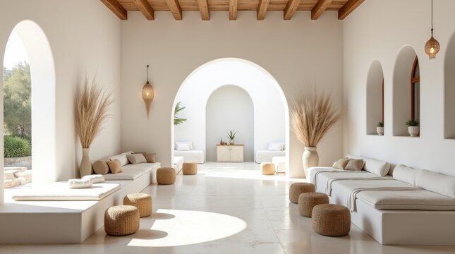 El interior de un elegante retiro de bienestar costero con paredes encaladas de blanco y suelos de travertino claro