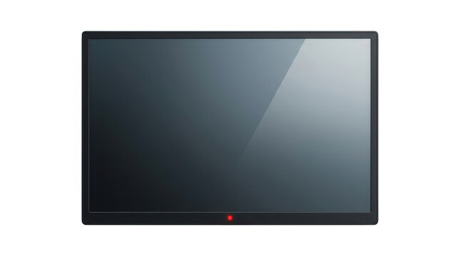 흰색 배경에 격리된 검은색 테두리의 현대적인 평면 TV 화면으로, 중앙 하단에 작은 빨간색 표시등이 있는 깔끔하고 미니멀한 디자인의 디지털 디스플레이 장치입니다.
