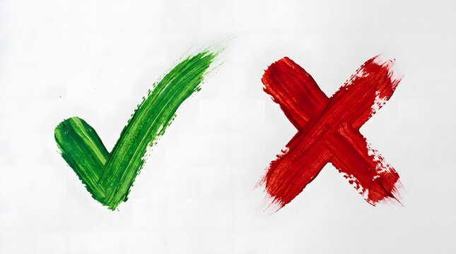 Painted checkmark and cross symbols on white background