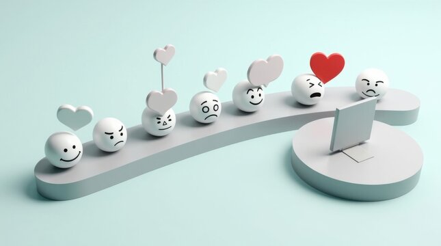 Tendencias emocionales entre los consumidores, con una serie de rostros felices, neutros y tristes dispuestos a lo largo de una trayectoria suavemente curva