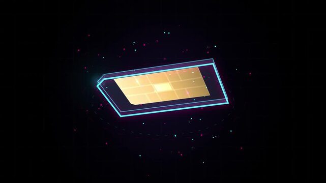 Floating SIM card with neon glow and glittering particles futuristic tech background