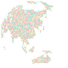 Fototapeta premium Global Continents as Pixel Block Mosaic colored square blocks arranged in a grid in Coral Pop East Asia for Rosy Stylish Professional Poster Print Wall Art and Decorative Home Office Scalable