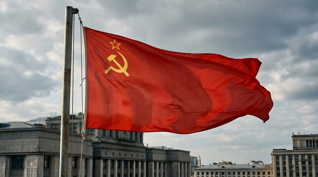 Red Soviet Flag Flapping in Wind over Urban Cityscape