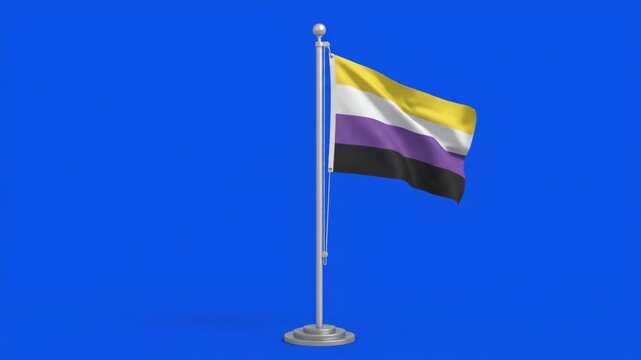 Non-binary pride flag waving on a flagpole, symbolizing gender identity and diversity on a blue background.