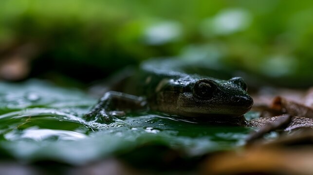 A small amphibian rests on a wet leaf in a lush green forest environment with soft natural lighting