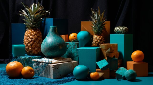 Tropical Fruit Still Life with Geometric Shapes