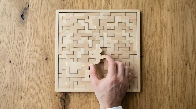 Close-up of hand placing the final piece into a wooden puzzle, representing strategic completion, business success, and problem-solving achievement on a natural wood background.