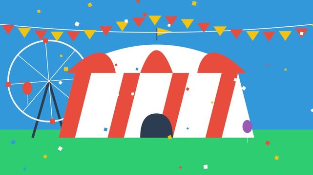 Festive Cartoon Circus Tent with Ferris Wheel Balloons and Falling Confetti on Blue Sky Background