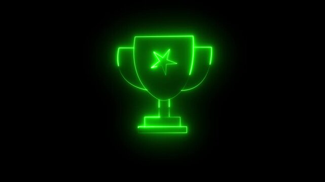  Glowing Green Neon Trophy Cup Icon with Star Symbolizing Award Winner Victory First Place Champion Achievement Success Concept on Black Background.