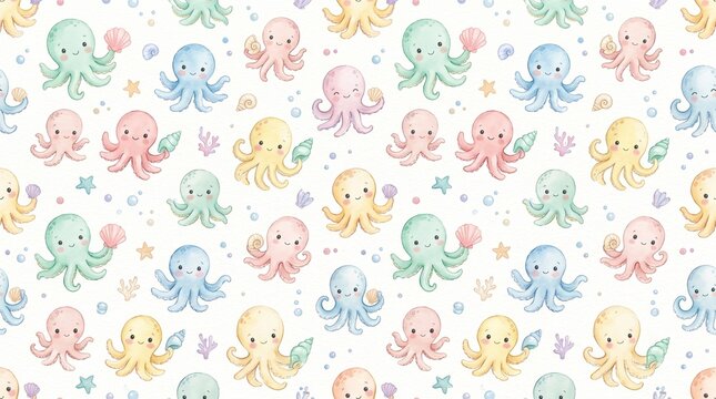 Seamless pattern of cute pastel watercolor baby octopuses and shells
