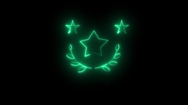 Futuristic Glowing Green Neon Three Stars with Laurel Wreath Icon Symbolizing Achievement Rating Quality Winner Excellence Victory Rank Concept on Black Background.