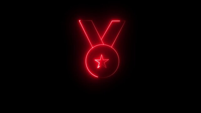 Futuristic Glowing red Neon Medal Icon with Star Symbolizing Award Achievement Victory First Place Champion Success Concept on Black Background.