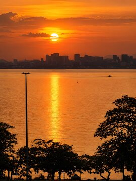 Golden Sunset Over Guanabara Bay With Rio de Janeiro Skyline Seen From Niteroi Brazil
