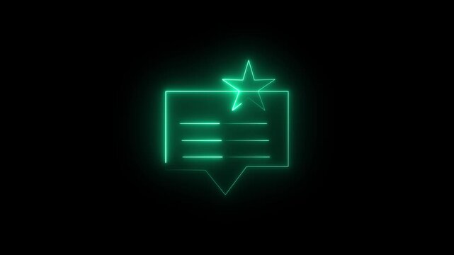 Futuristic Glowing Green Neon Speech Bubble Icon with Star Symbolizing Favorite Message Bookmark Review Feedback Chat Concept on Black Background.
