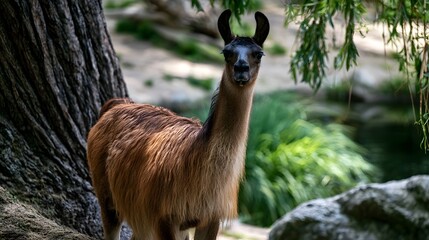 Fototapeta premium A brown llama stands near a large tree trunk in a lush green forest setting with soft natural lighting