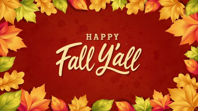 Animated Happy Fall Y&rsquo;all greeting lettering surrounded by colorful autumn leaves forming a decorative frame. autumn greetings, Thanksgiving content, social media, invitations, holiday videos 