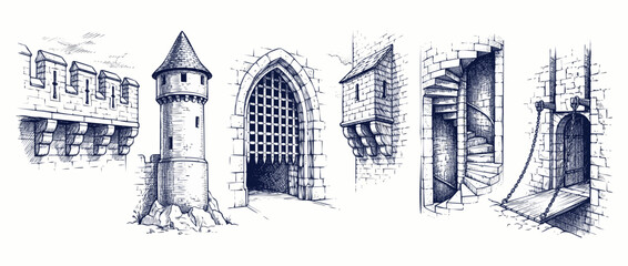 Medieval castle architectural elements sketch set featuring tower gate drawbridge spiral staircase and battlement walls hand drawn vintage ink vector illustration for historical design projects © Dinali