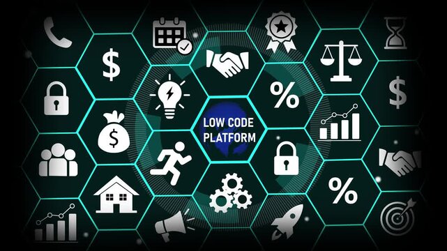 Dynamic low code platform concept featuring interactive hexagonal digital interface with business software development automation symbols, and modern tech network connectivity for enterprise solutions