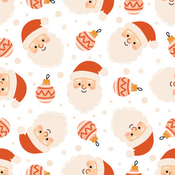 Seamless Christmas pattern with cute Santa Claus faces and festive ornaments. Cheerful vector design in warm red and white tones, perfect for wrapping paper, textiles, and holiday decor.