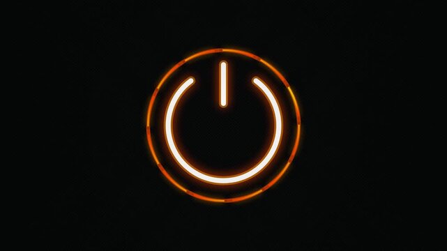 Glowing orange power button icon on a dark black background