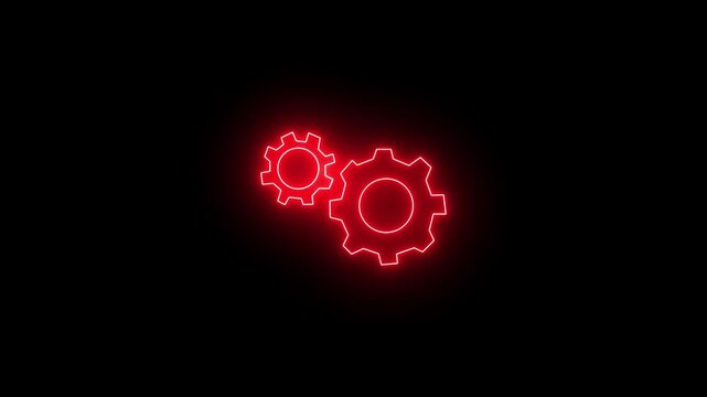 Futuristic bright red neon gear cog icon set, isolated on black background, symbolizing mechanical system technology, engineering development and setting process concept.