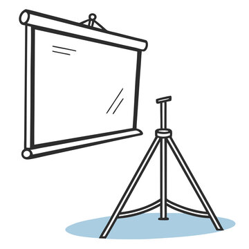 A flat vector illustration featuring a blank presentation projection screen standing on a tripod base with drawing projector screen screen hanging