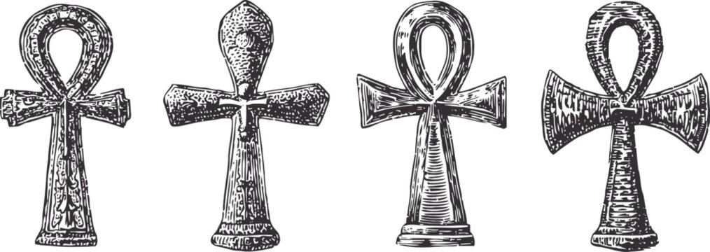 Ancient egyptian ankh symbols hand drawn decorative crosses of life and immortality collection