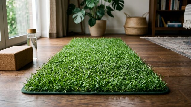Green Grass Yoga Mat on Wooden Floor in Bright Indoor Living Room