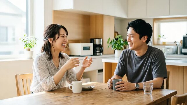 ダイニングテーブルでコーヒーを飲みながら談笑する夫婦