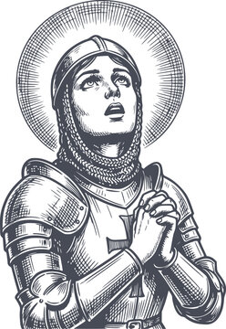dark hand drawn style vector illustration of joan of arc praying in armor with halo, featuring solid black fill details and no white background fills
