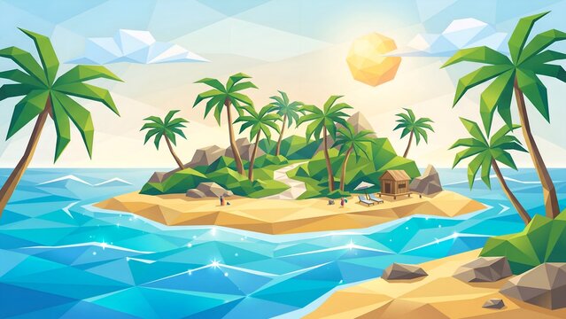 Low poly tropical island landscape with palm trees and ocean