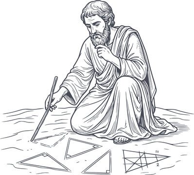 pythagoras drawing geometry triangles on sand dark navy vector illustration featuring hand drawn style outlines without white fills