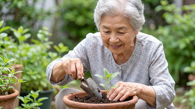 庭でガーデニングを楽しみ植木鉢に苗を植えるシニア女性
