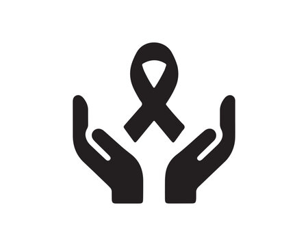 Black ribbon for breast cancer awareness held by hands flat icon on white background