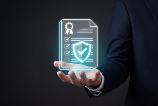 Businessman holding a digital document icon with a shield and checkmark for compliance.