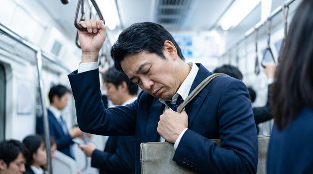 満員電車で吊り革に捕まりうたた寝する疲れたビジネスマン