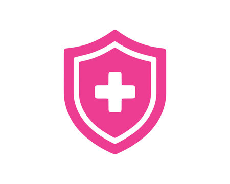 Pink shield with white medical cross breast cancer awareness flat icon on white background