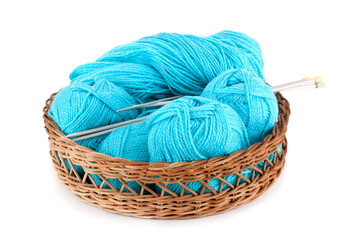 Balls of yarn with knitting needles, isolated on white background . © kuzina1964