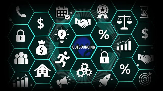 Dynamic digital outsourcing concept featuring global business network in a futuristic hexagonal hud interface for corporate strategy, management, financial growth, and modern enterprise solutions