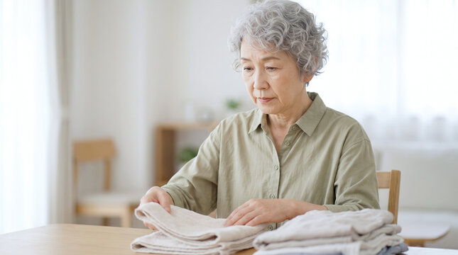 リビングのテーブルで浮かない表情のまま洗濯物をたたむ高齢女性