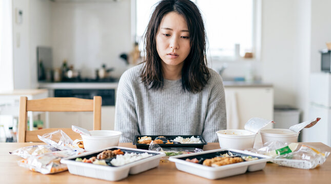 食卓に並んだ大量の弁当を前に落ち込む疲れた女性
