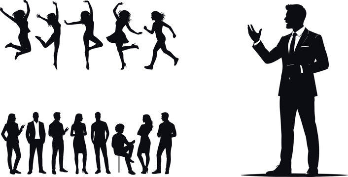 Silhouettes of Dancing People, Social Interaction, and Confident Business Leader in Formal Suit for Conceptual Design