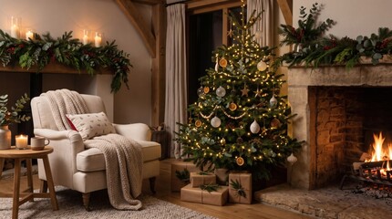 Fototapeta premium Cozy Christmas Living Room Scene With Decorated Tree Fireplace and Armchair