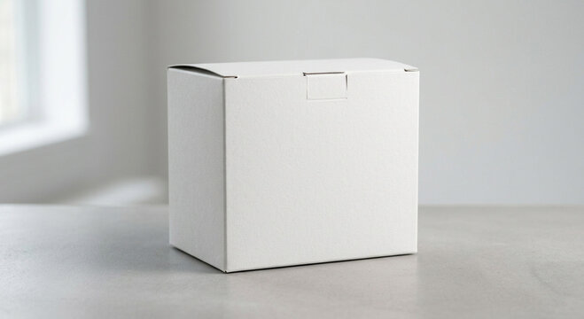 Photorealistic white cardboard packaging box standing upright on a clean white background, blank vertical box mockup with a minimalist design, realistic matte paper texture, soft studio lighting.