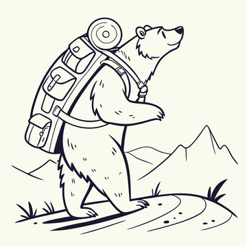 Cartoon line art of a bear wearing a large hiking backpack while walking through mountains with path mountainous landscape carrying camping backpack