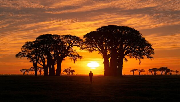 A lone person walks through a savanna landscape at sunset with large baobab trees
