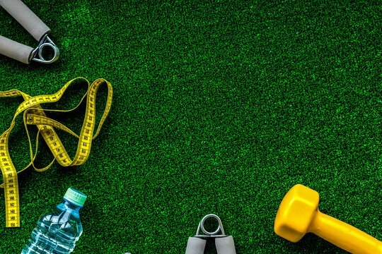 concept preparing to fitness sports equipment top view mock up